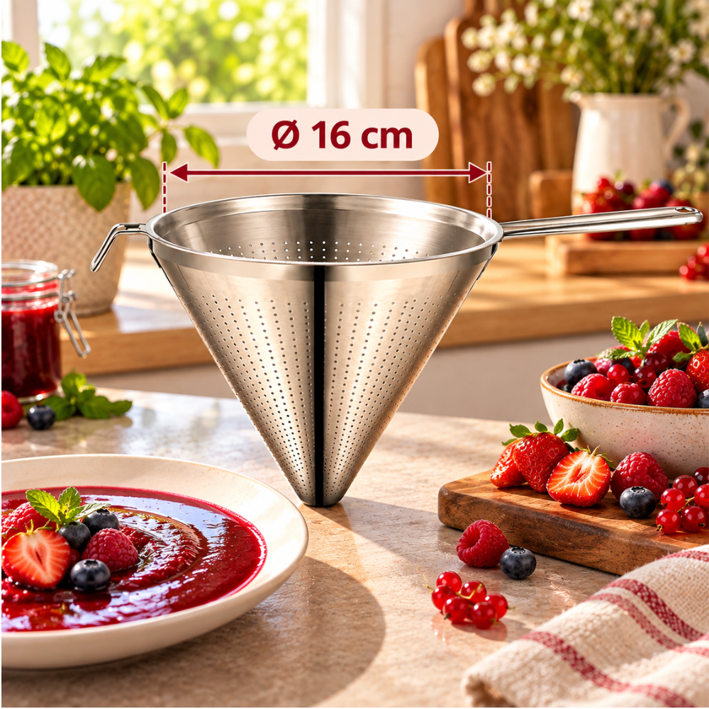  Chinois étamine en inox de 16 cm présenté avec des fruits rouges et un couli