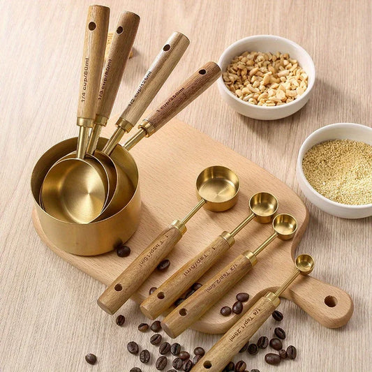 Set de 8 cuillères doseuses dorées en acier inoxydable et bois naturel – Librecook