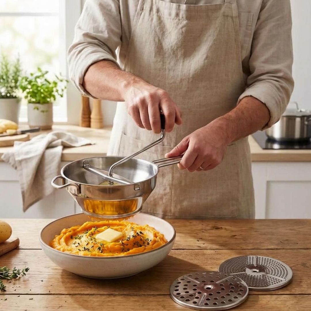 Moulin à légumes L'Artisan Purée Librecook en acier inoxydable utilisé pour faire une purée de patate douce