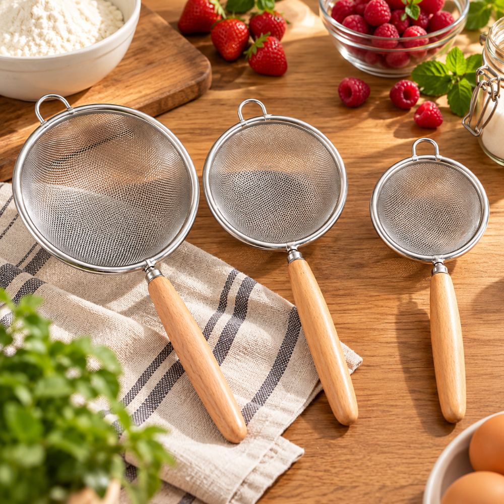 Passoires fines en inox de trois tailles pour filtrer les préparations