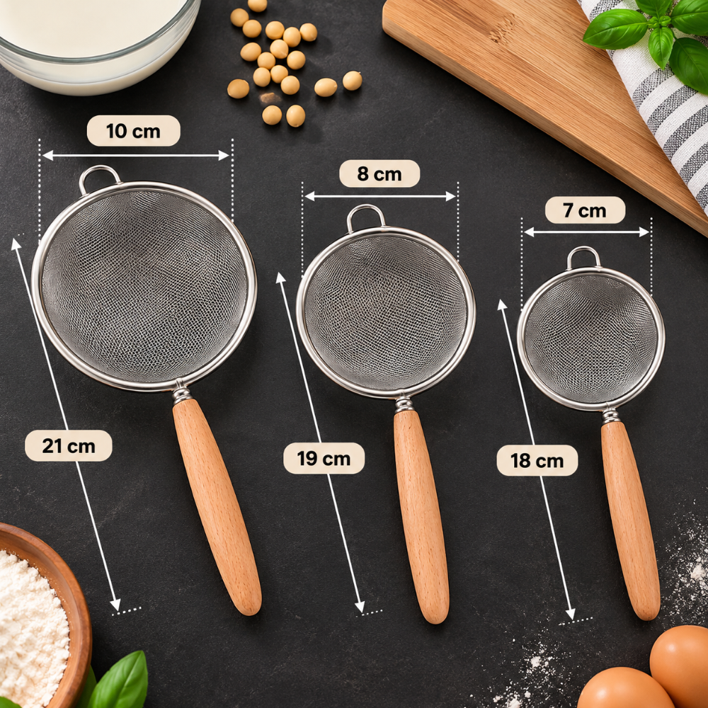 passoire chinois fines en inox avec poignées en bois