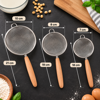 passoire chinois fines en inox avec poignées en bois