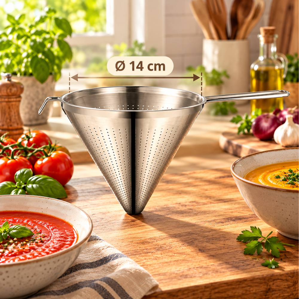 Chinois étamine en inox de 14 cm avec longue poignée, présenté à côté de bols de soupe
