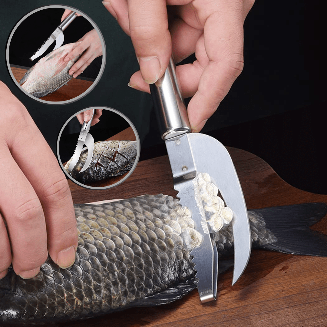 Kit 2 écailles à Poisson LONGHAO – Acier Inoxydable, 3 En 1 (écaillage + éviscération + Râpe)