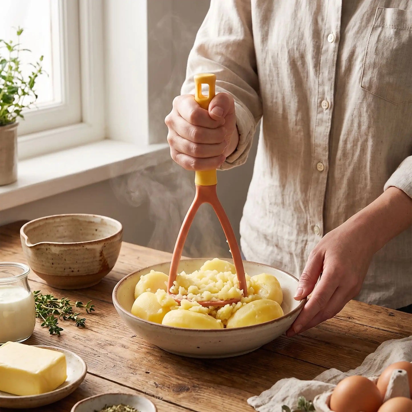 Presse-purée EasyMash orange utilisé pour écraser des pommes de terre - Librecook